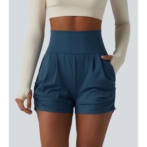 Halara High Waisted Pleated Active Shorts Blue Pockets Size M NEW
